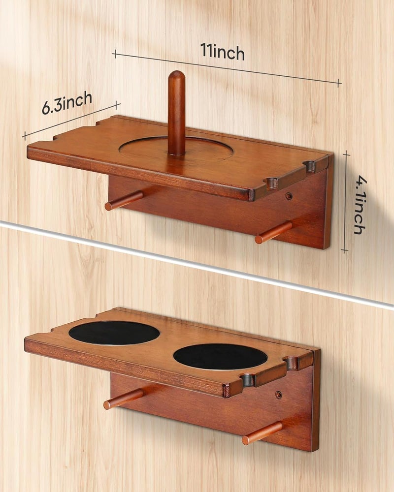 EXTCCT Wall Mounted Cue Holder - Hardwood Billiard Cue Rest and Drink Holder with Chalk Holder 11 x 6.3 x 4.1 Inches (Brown) - Image 2